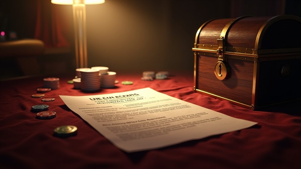 Casino table with bonus terms sheet and wagering numbers