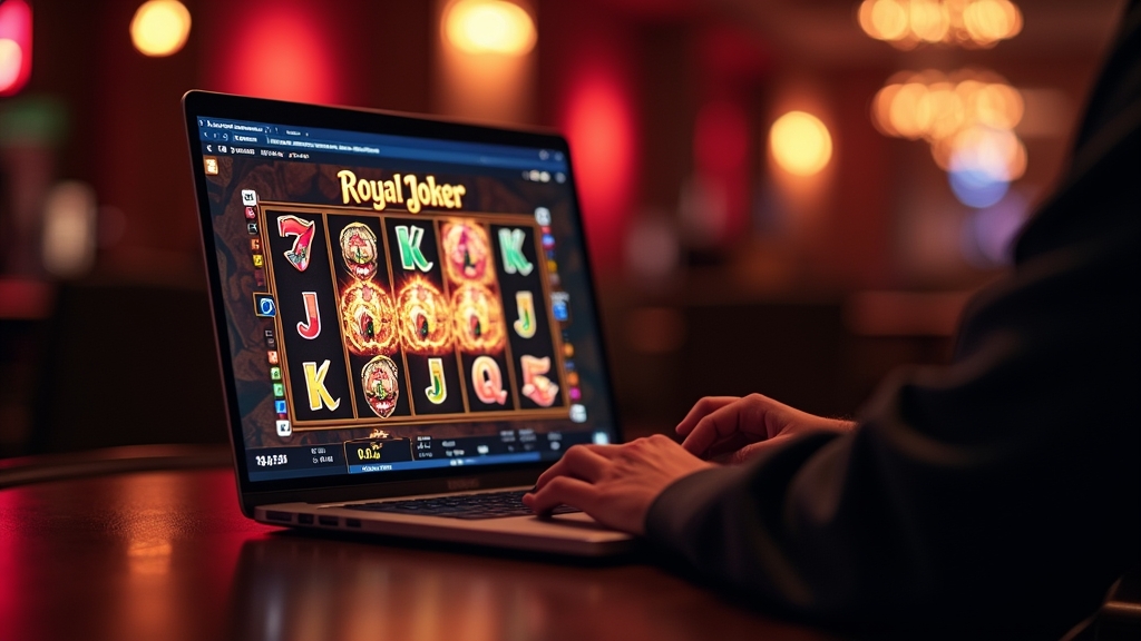Laptop showing a Royal Joker slot demo with glowing reels in a casino lounge