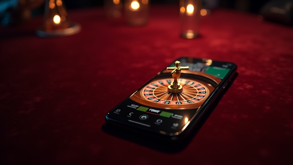 Smartphone showing a sleek casino app interface in a dark casino lounge