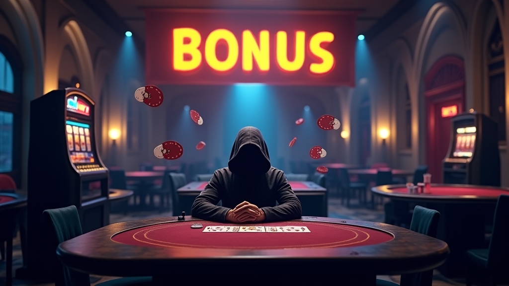 Dark casino lobby with bonus banner, free spin icons and a slot machine